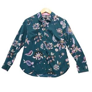 Talbots Petite Teal Floral Print Button Up Shirt Women's Size SP 100% Cotton‎